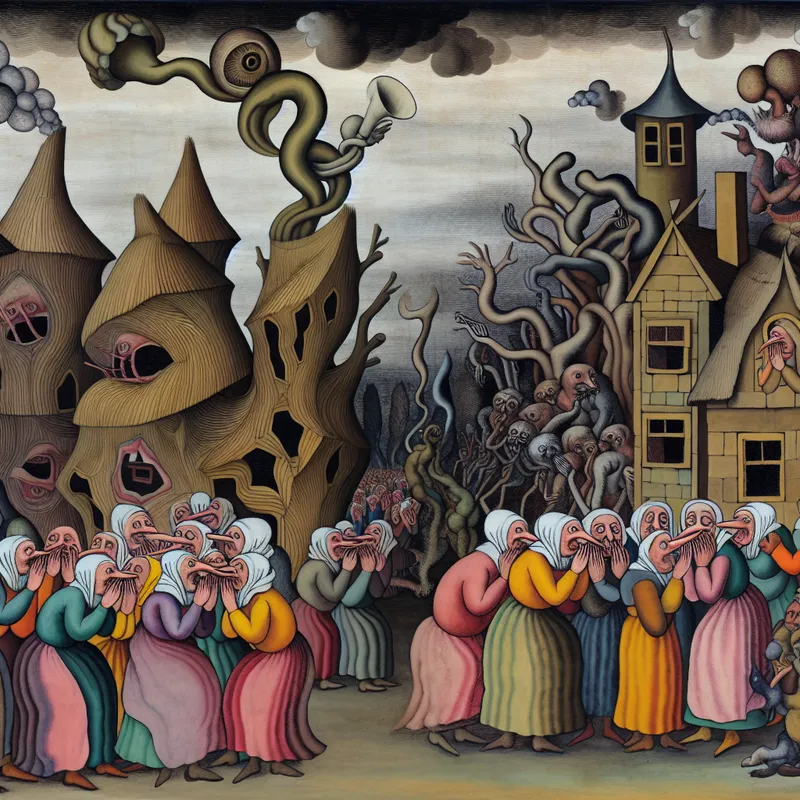 Surrealistische afbeelding van een dorp met inwoners die fluisteren en een mysterieuze figuur die het gerucht vertegenwoordigt, omgeven door rookachtige tendrils