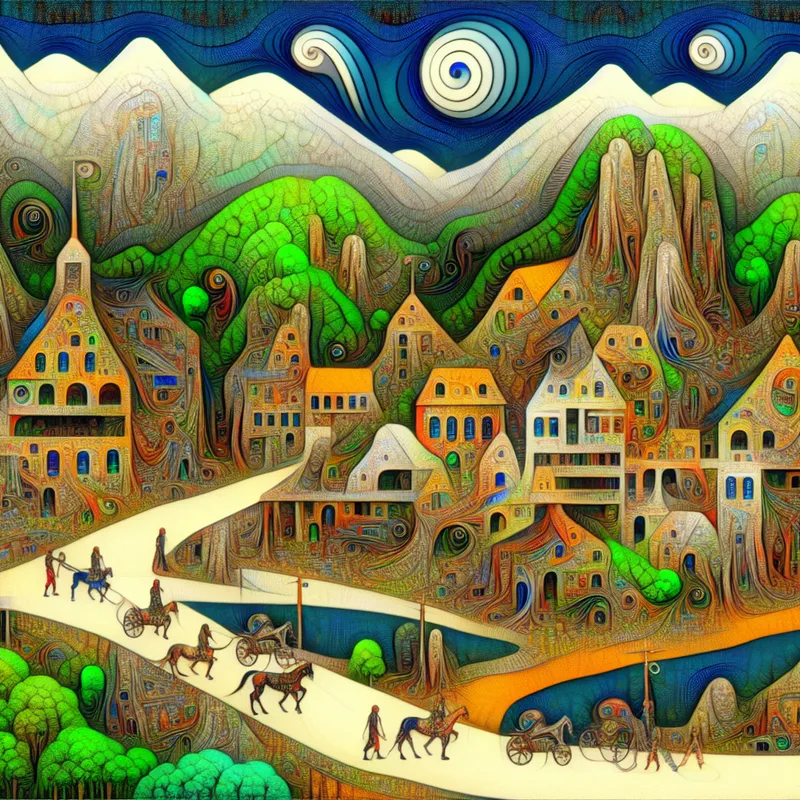 Een betoverend, surrealistisch dorpje in de bergen met kleurrijke huizen en bizarre wezens.