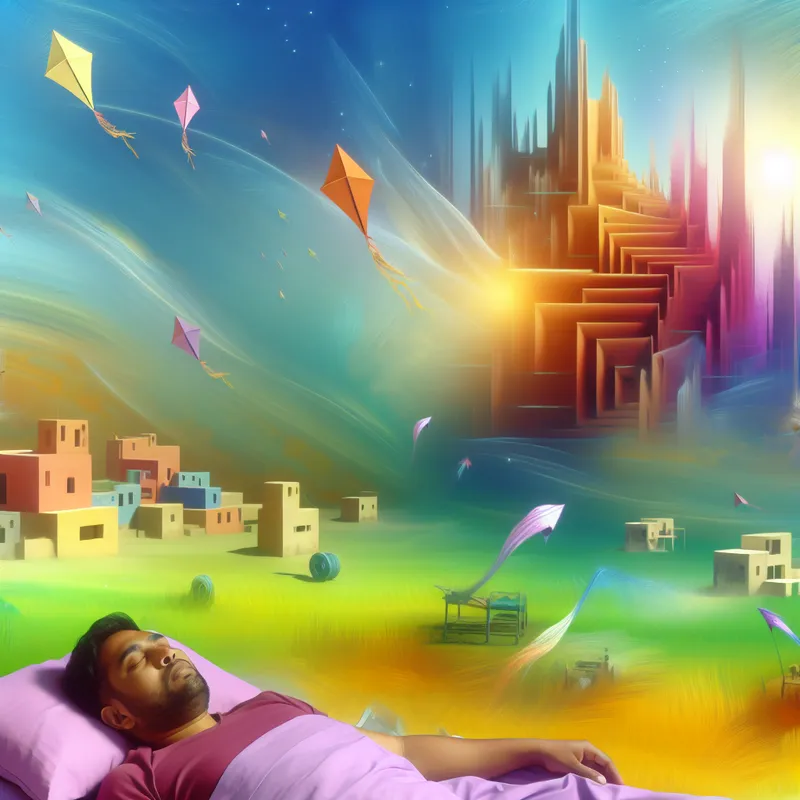 Een persoon slaapt tevreden in een surrealistisch droomlandschap met monumentale architectuur en ethereal elementen uit de kindertijd, zoals vliegende vliegers en een speelplein.
