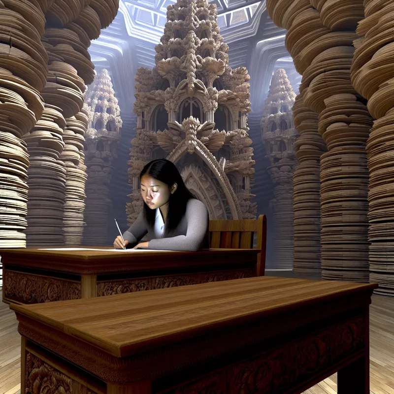 Student schrijft geconcentreerd op perkament tijdens een schriftelijk examen in een surrealistische examenhal.