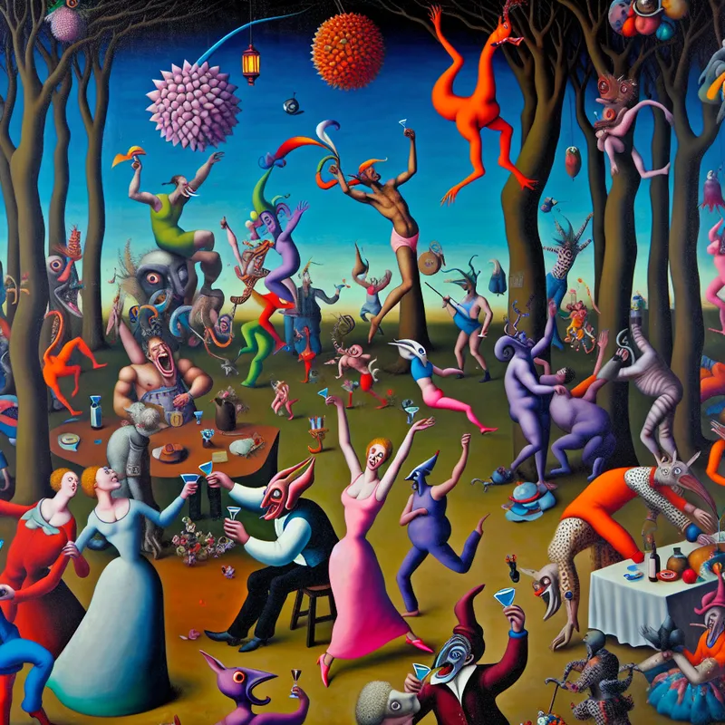 Een surrealistisch feesttafereel geïnspireerd door Hieronymus Bosch met mensen die dansen en lachen, omringd door vreemde wezens en fantasierijke elementen.
