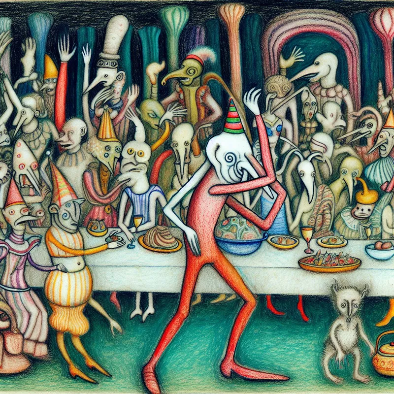 Een surrealistisch feest met een danser in een vreemde beweging te midden van vier andere feestvierders, geïnspireerd door de stijl van Hieronymus Bosch.