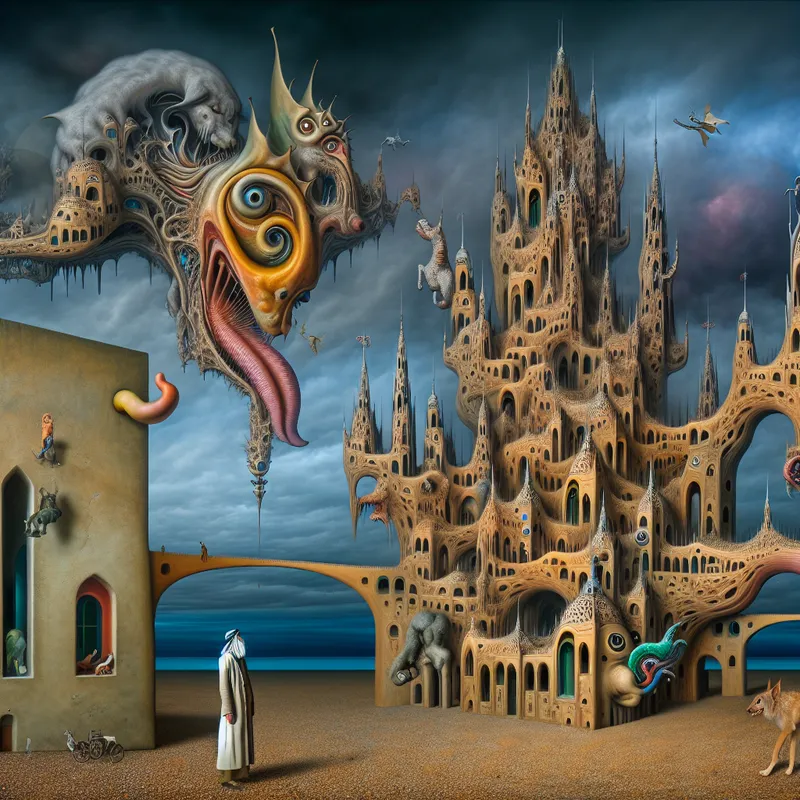Een surrealistisch beeld van een enorm fantasierijk gebouw met bizarre details, terwijl een grote hond spelend blaft naar een kleine persoon in de voorgrond.