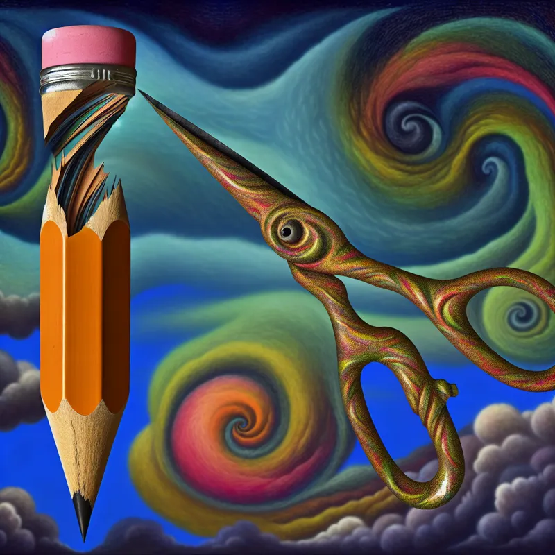 Een surrealistisch beeld van een gebroken potlood en een schaar in een fantasieachtige omgeving, geïnspireerd door Hieronymus Bosch.