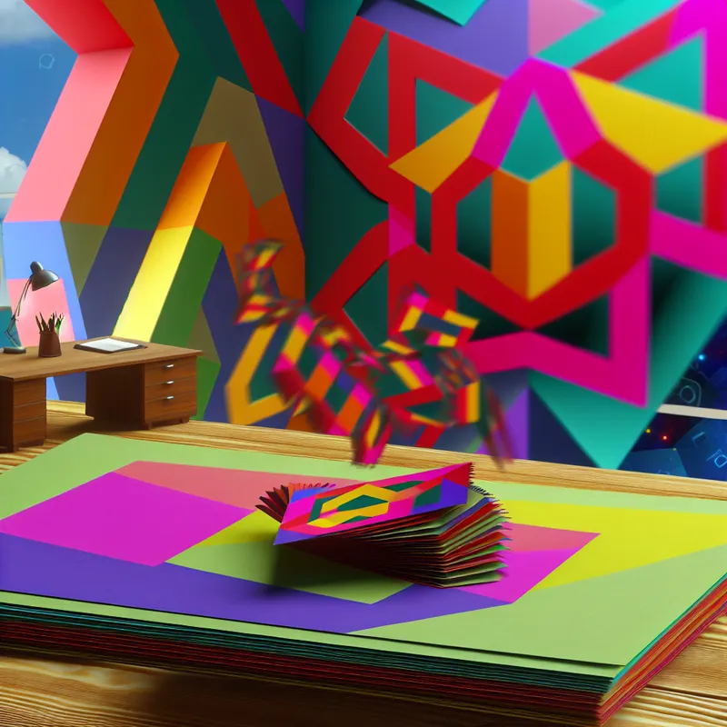 Surrealistische afbeelding van een geometrisch kantoor met een houten tafel bedekt met kleurrijke documenten die zweven, geïnspireerd door M.C. Escher.