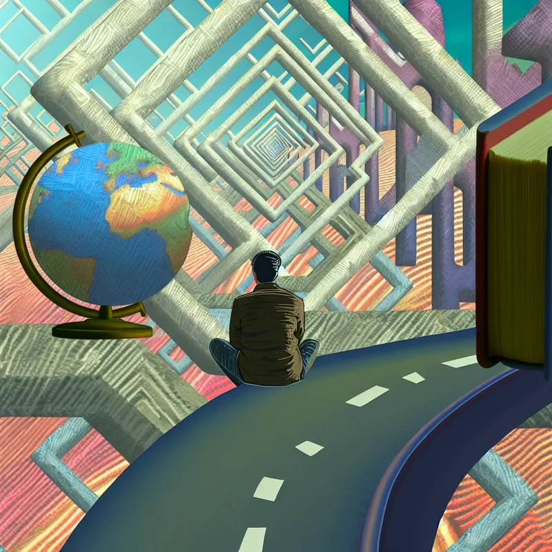 Een persoon in een surrealistisch landschap met geometrische vormen, kijkend naar een globe en boeken die hun reis- en schrijfdromen symboliseren.