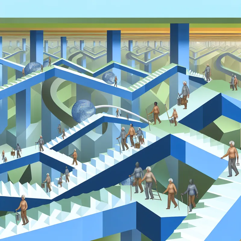 Surrealistisch, geometrisch landschap met een ingewikkelde trap die de reis van pensioenopbouw vertegenwoordigt, met werknemers van verschillende beroepen op platforms die pensioenactiviteiten uitvoeren.