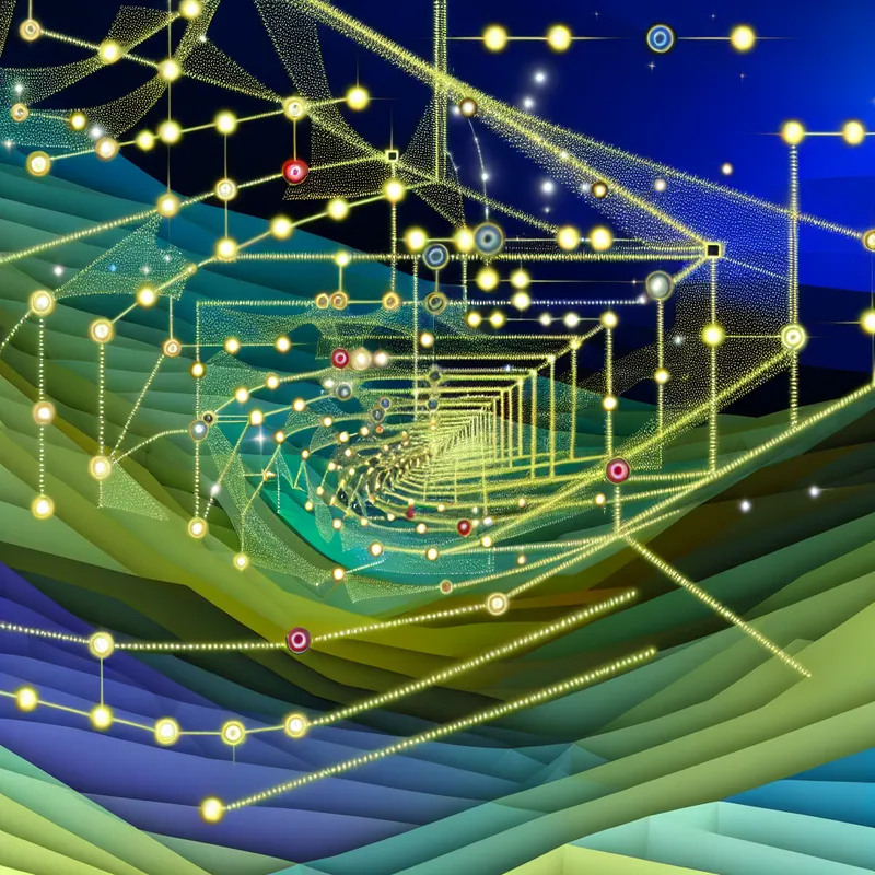 Een surrealistisch landschap met geometrische vormen en een figuur bij een kruispunt, geïnspireerd door M.C. Escher.