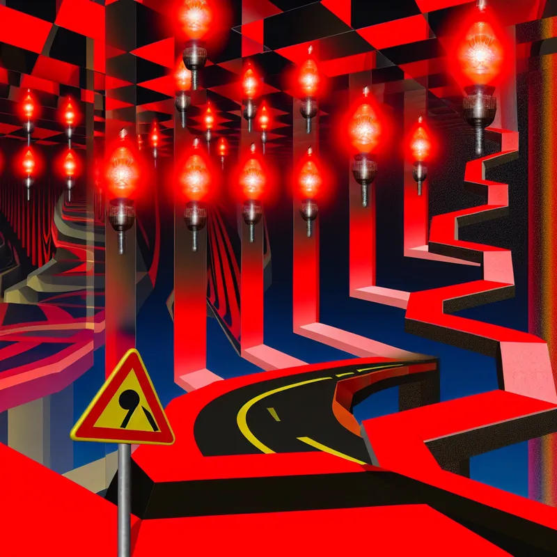 Surrealistisch geometrisch landschap met levendige rode lichten die verkeer betekenen, weergegeven in een onmogelijke structuur met vreemde trappen.