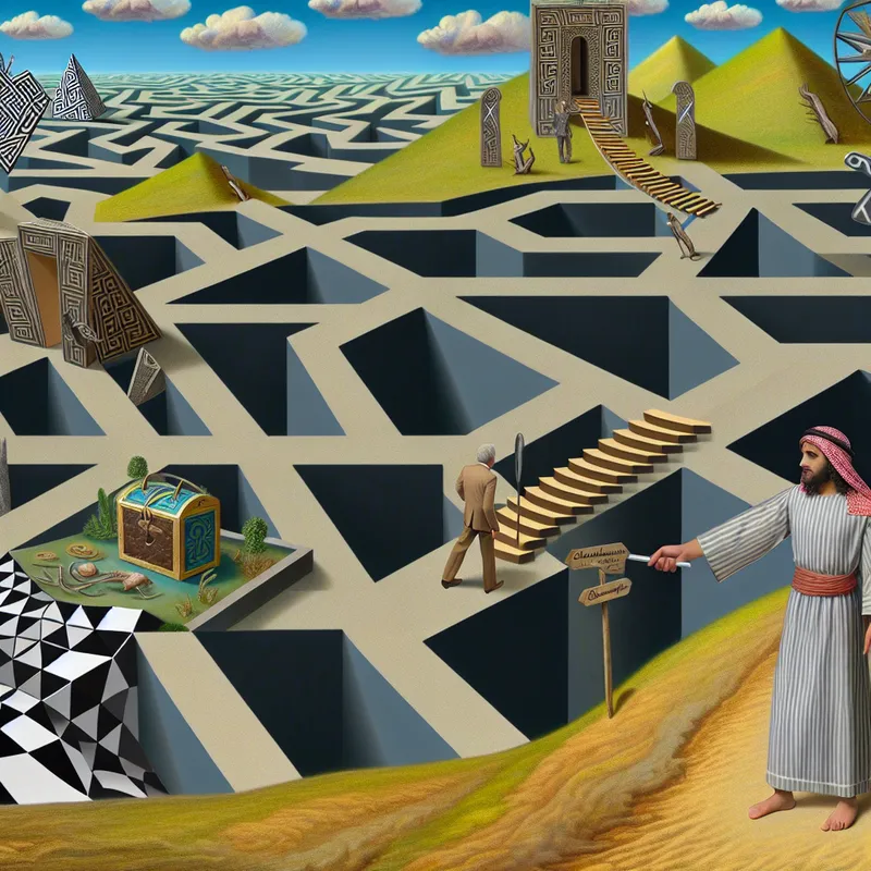 Surreal geometrisch landschap met een persoon bij een kruispunt, waarbij twee imposante paden naar een schatkist en een helpende hand leiden, gelabeld met voorwaardelijke zinnen.