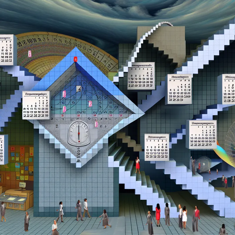 Surrealistisch landschap met geometrische vormen, waarin spiralen, weekdagen en een kalenderpagina van 'vrijdag' zijn weergegeven.