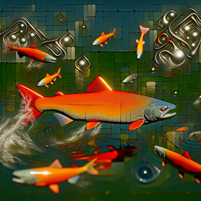 Een surrealistisch tafereel met verschillende vissen die in een vijver zwemmen, met een opvallende zalm in levendig oranje, omringd door onmogelijke geometrische vormen.