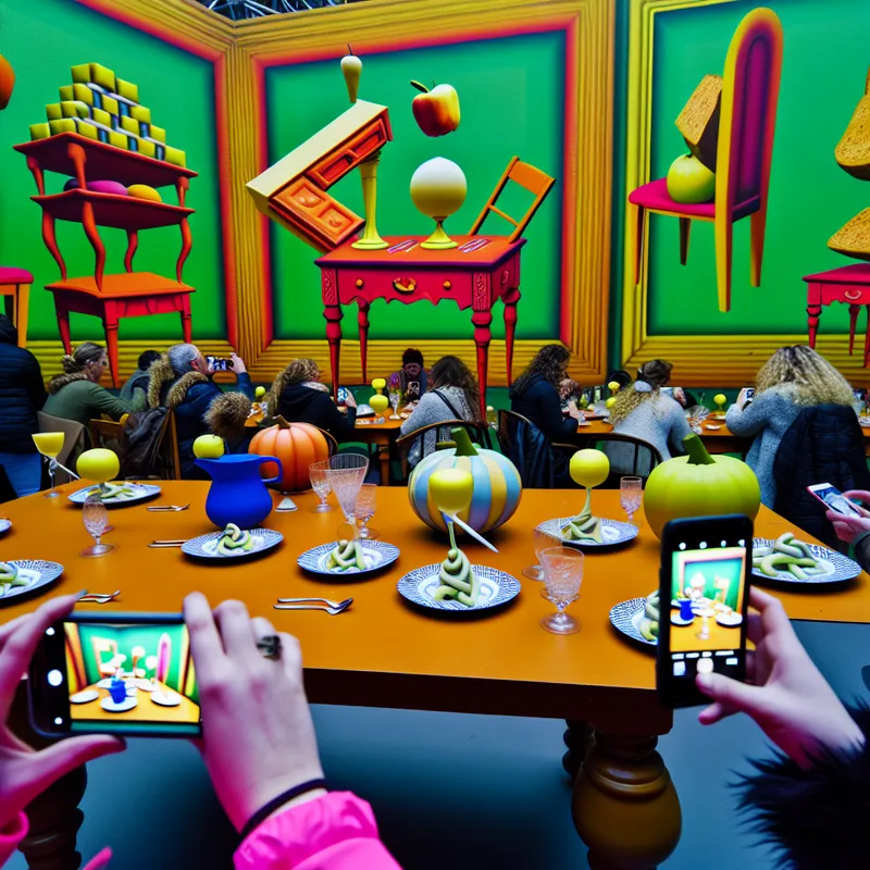 Een surrealistische eetervaring met onmogelijk geometrisch voedsel op een speelse tafel, geïnspireerd door M.C. Escher, met mensen die hun maaltijden vastleggen met smartphones.