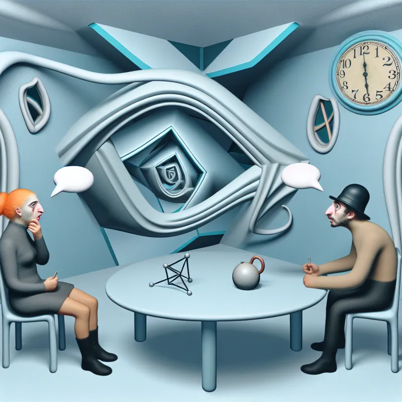 Surrealistische scene van een gesprek in een geometrisch vervormde kamer, met verwonderde personen en kromme spraakballonnen.