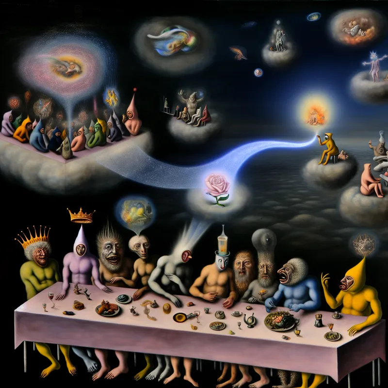 Surrealistisch tafereel van buitenaardse figuren in gesprek rond een tafel met symbolische objecten die verschillende gespreksthema's voorstellen, zoals politiek, luchtige onderwerpen en spanningen