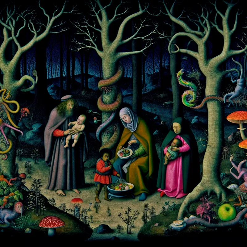 Een surrealistisch tafereel van een gezin dat in een donkere, dichte woud overleeft zonder moderne hulpmiddelen, omringd door vreemde wezens.