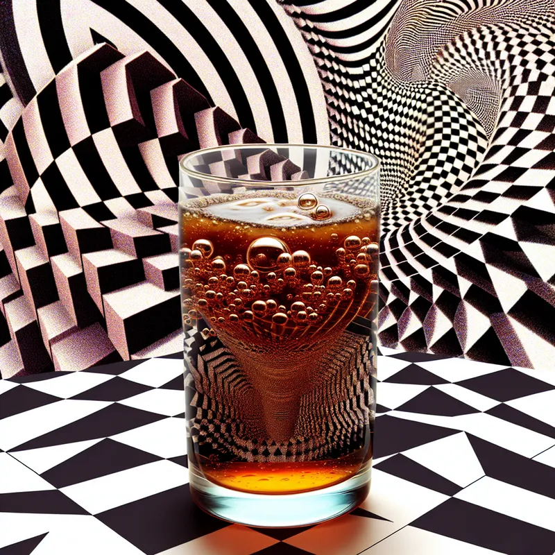 Cilindervormig glas met cola, onderbroken door optische illusies, geplaatst op een tafel met een geblokkeerd patroon dat leidt naar een onmogelijke trap, geïnspireerd door M.C. Escher.