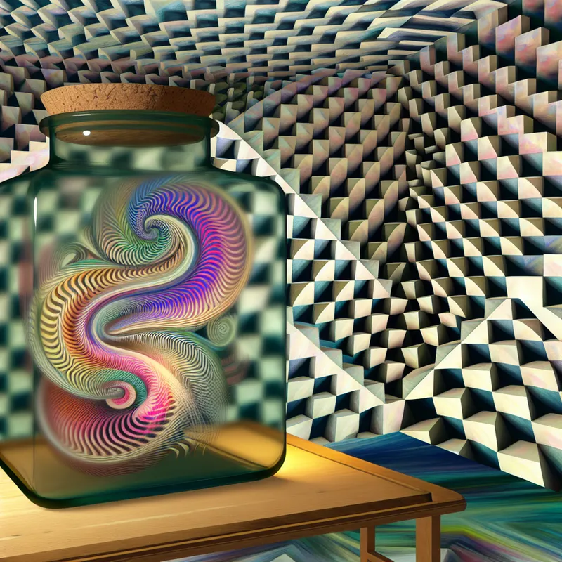 Een surrealistisch beeld van een grote, transparante glasjar, gevuld met kleurrijke abstracte vormen en geometrische patronen die gedachten symboliseren.