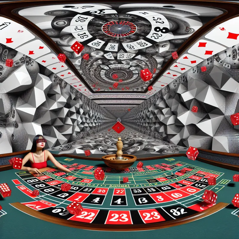 Surrealistische roulettetafel in M.C. Escher-stijl met optische illusies, zwevende nummers en een vrouw die op rood inzet tijdens het gokken