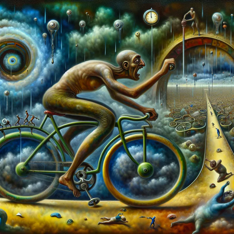 Surrealistisch tafereel van een man die zich haast op een bizarre fiets, omringd door droomachtige en chaotische elementen zoals smeltende klokken en vreemde wezens, in de stijl van Hieronymus Bosch