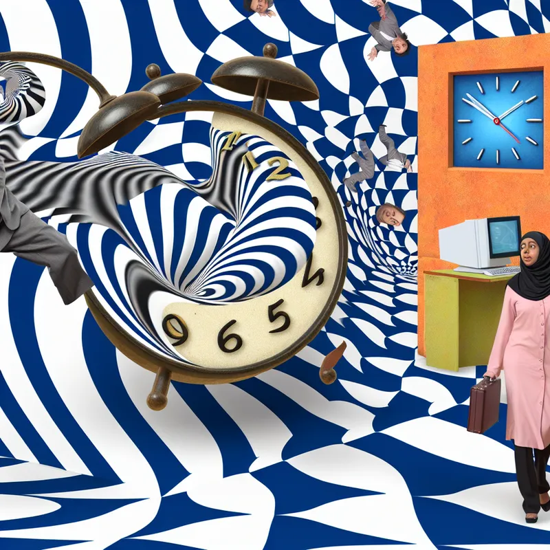 Surrealistisch beeld van de 'huidige moment', met een smeltende klok en mensen die geconcentreerd zijn op verschillende activiteiten.