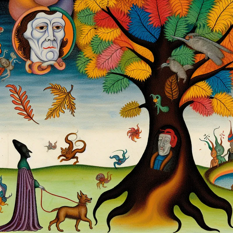 Surrealistisch herfstlandschap met een fantasierijke boom en kleurrijke bladeren, anthropomorfiseerde beschermheer en een mysterieuze figuur met een hond.