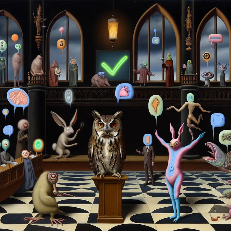 Surrealistische afbeelding met kleurrijke fantasiewezens in een hofsetting, met een wijze uil op een podium die aan het discussiëren is over waarheid.