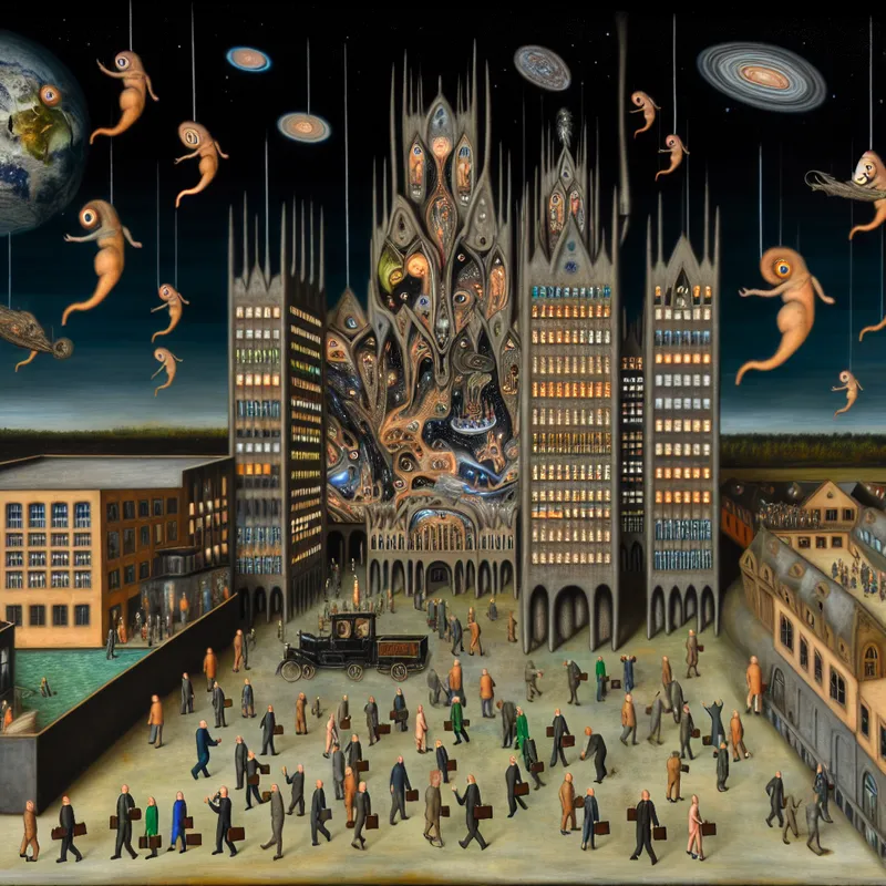 Surrealistisch kunstwerk in de stijl van Hieronymus Bosch van een groot, bizar hoofdkantoor met hybride figuren en wereldwijde symbolen, die de zetel van een organisatie voorstellen