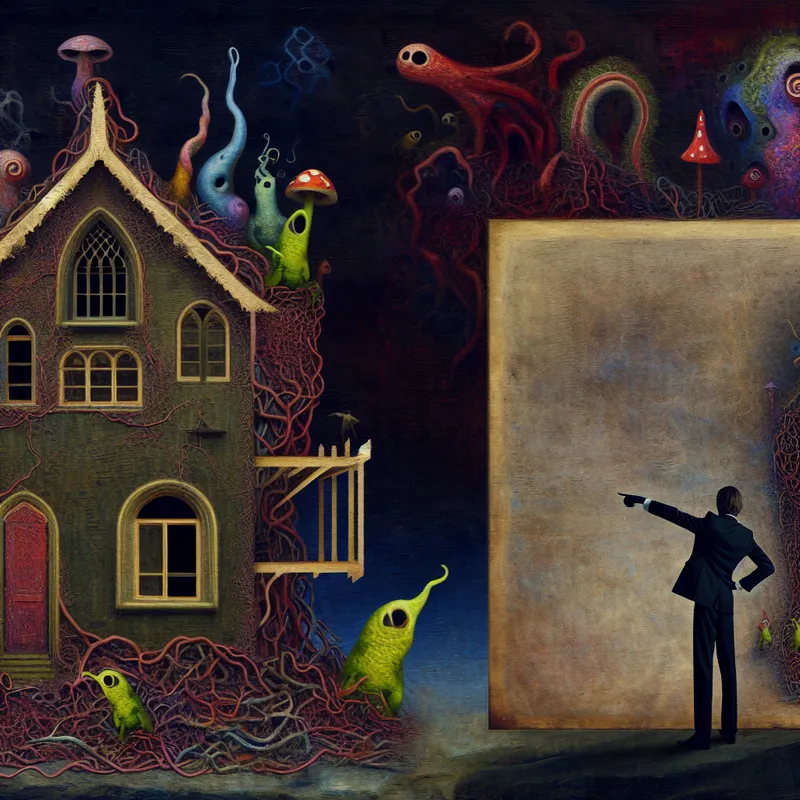 Een mysterieuze huis in een droomachtige landschap met bizarre wezens en fantastische elementen