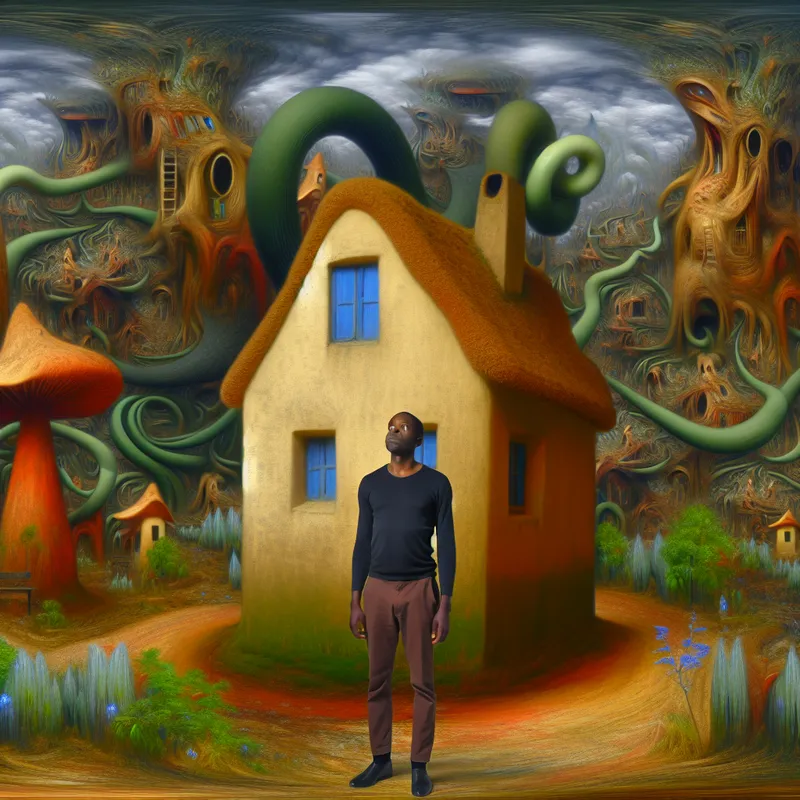 Een man met een nadenkende uitstraling staat voor een klein, gezellig huis, omgeven door een chaotische achtergrond met vreemde wezens.