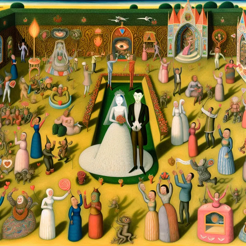 Surrealistisch huwelijksfeest geïnspireerd door Hieronymus Bosch met gasten die liefde wensen aan het pasgetrouwd stel