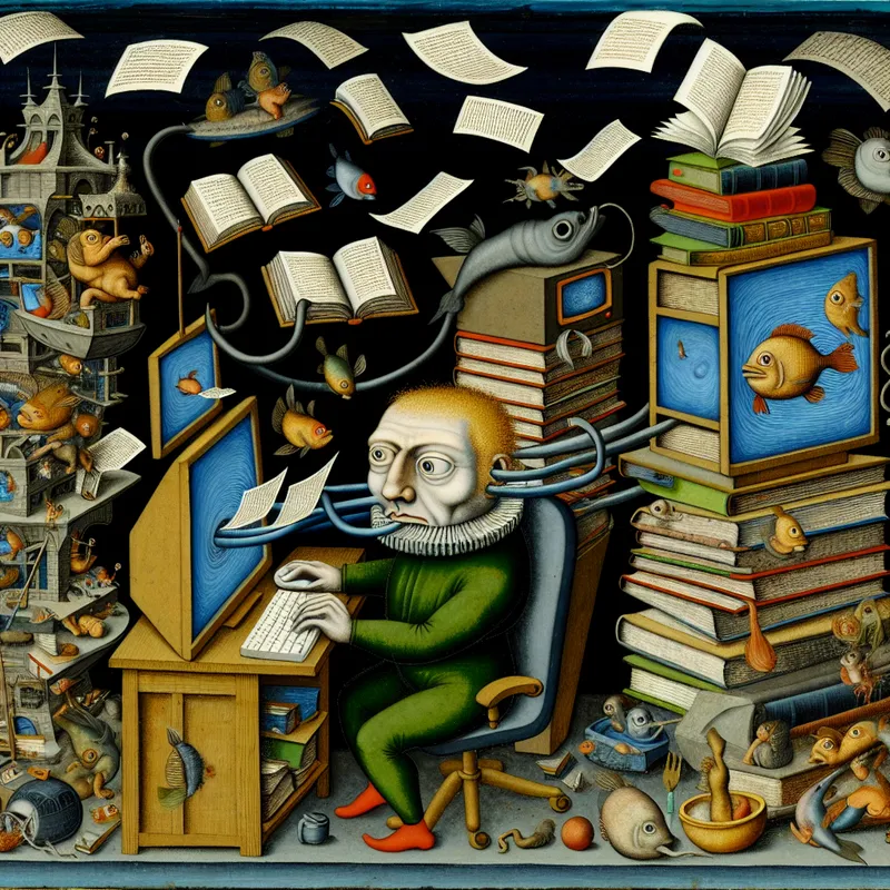 Surrealistisch tafereel van een persoon aan een chaotische bureau vol boeken en schermen, overmatig informatie consumerend met brede ogen.