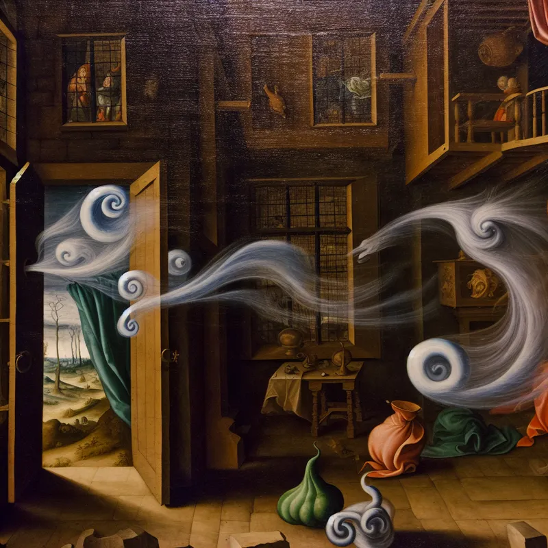 Een surrealistisch interieur met een op een kier staande deur, waarin luchtstromen zichtbaar zijn met fantasierijke wezens.