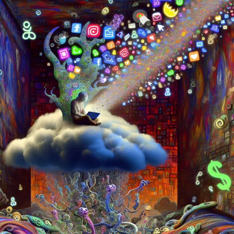 Een surrealistisch beeld van een fantasierijk personage dat op een wolk surft op het internet, omringd door bizarre, Bosch-achtige wezens