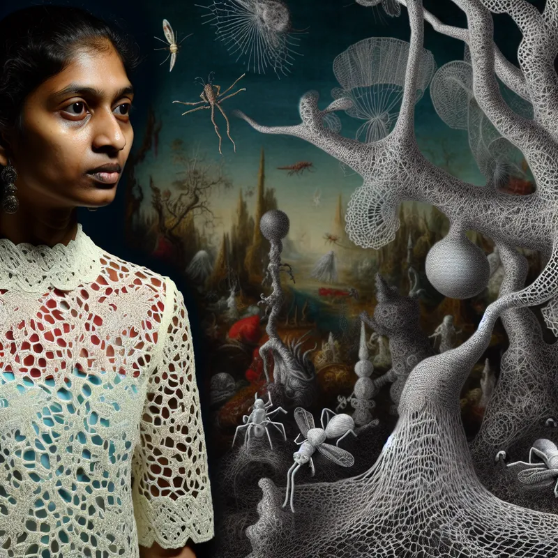 Surrealistisch kunstwerk in de stijl van Hieronymus Bosch met een vrouw in een levendig kantbloes, waarbij fijne kantdraden zich als organische ranken en wezens verweven tot een dromerig ecosysteem