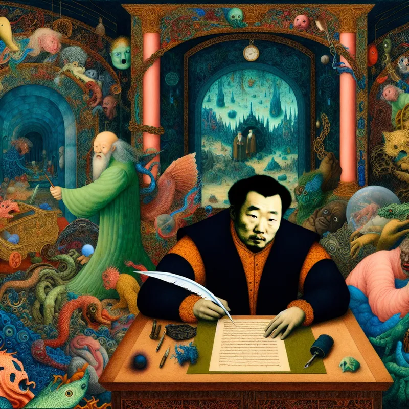 Mens in surrealistisch kantoor met vreemde wezens en landschappen