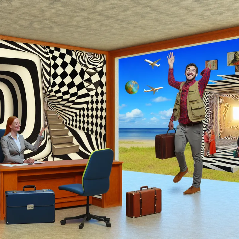 Een surrealistisch tafereel van een baas in een geometrisch kantoor die een werknemer toestemming geeft om op vakantie te gaan.