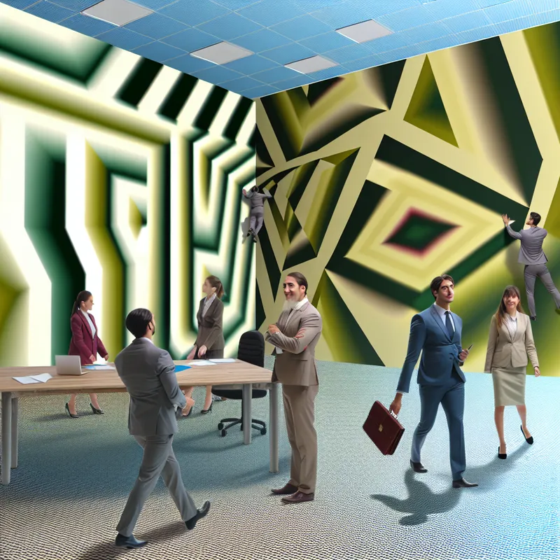 Een surrealistisch kantoor waar mensen een contract ondertekenen, met geometrische vormen en optische illusies.