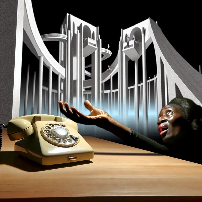 Een vintage draaischijftelefoon die overgaat in een surrealistisch kantoor met monumentale architectuur op de achtergrond.