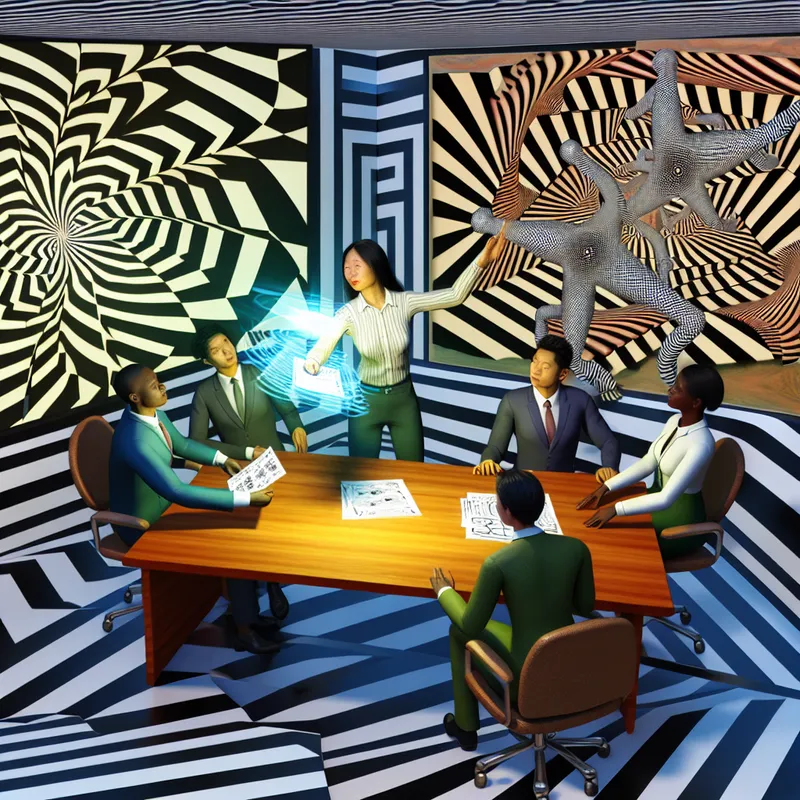 Surrealistisch kantoor waar een manager een belangrijke opdracht geeft aan een diverse groep werknemers aan een onmogelijke bureau.