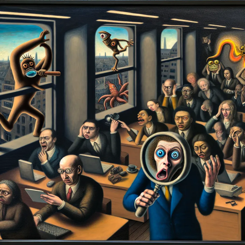 Een frustrerende scène met diverse professionals in een chaotisch kantoor, een klant met een vergrootglas bekijkt kritiekvol een voltooide project