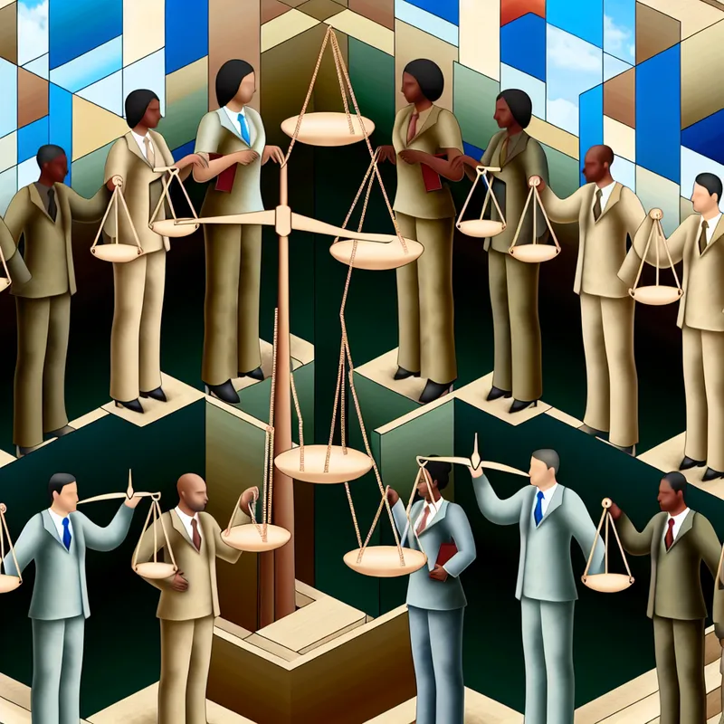 Surrealistische afbeelding van werknemers in een kantoor, elk met enorme schalen die rechtvaardigheid symboliseren en een onmogelijk trap in de achtergrond.