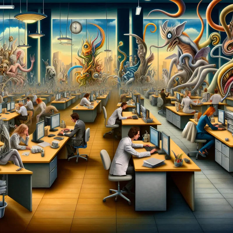 Surrealistische kantoorafbeelding geïnspireerd op Hieronymus Bosch
