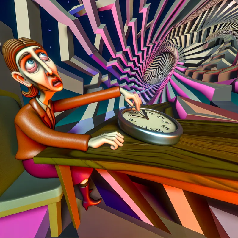 Een gefrustreerd karakter zit aan een lange, gedraaide tafel in een vergaderruimte, omgeven door verwarrende optische illusies.