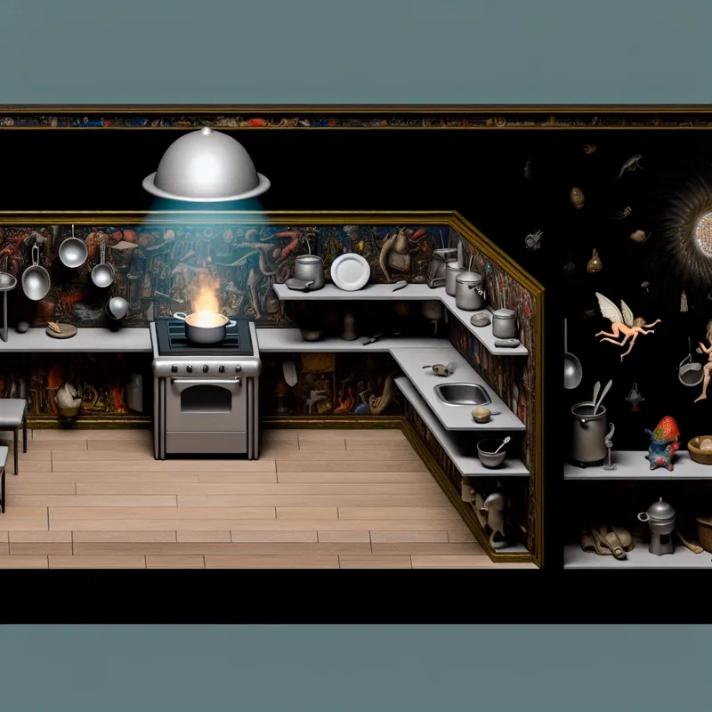 Surrealistisch klein keukenaanrechtje omringd door bizarre wezens en unieke keukenelementen