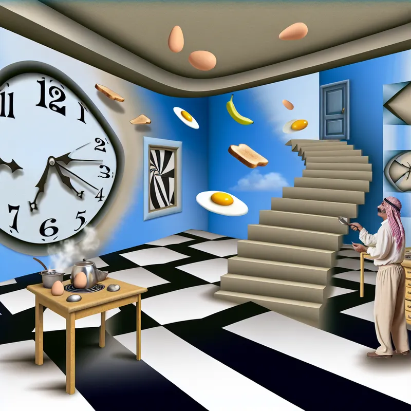 Een surrealistisch keukenlandschap met een klok en een figuur die naar ontbijtitems reikt, weergegeven in M.C. Escher-stijl.