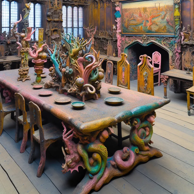 Surrealistisch klaslokaal in Bosch-stijl met mythologische tafel