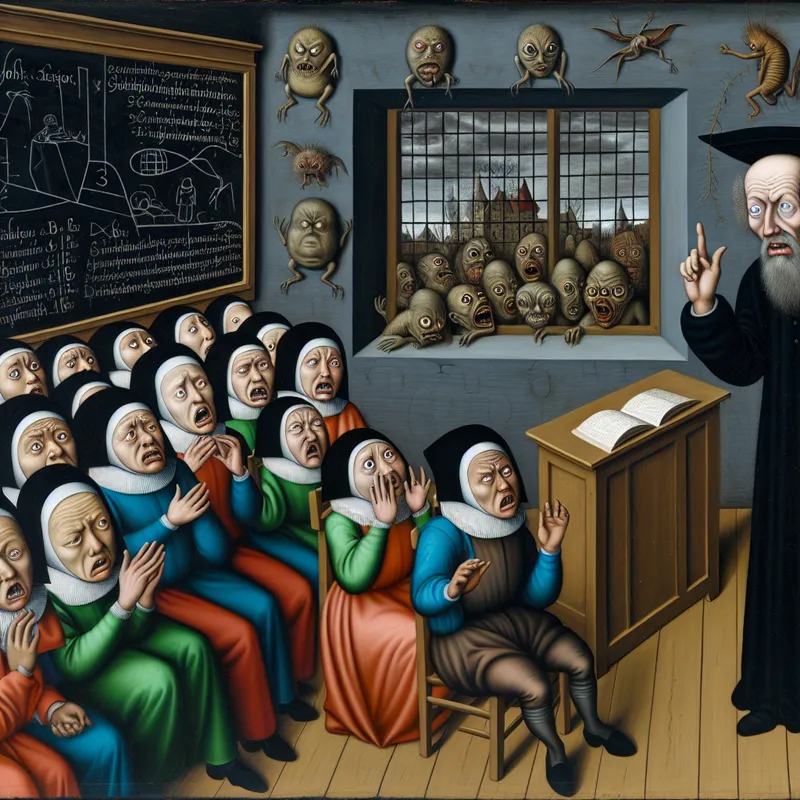 Surrealistische klaslokaal scène geïnspireerd door Hieronymus Bosch, met een strenge leraar die verwonderde leerlingen over een moeilijke toets informeert.