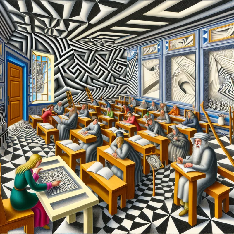 Een surrealistisch klaslokaal met kunstenaars en filosofen die levendig discussiëren, omringd door optische illusies en moderne kunst. 