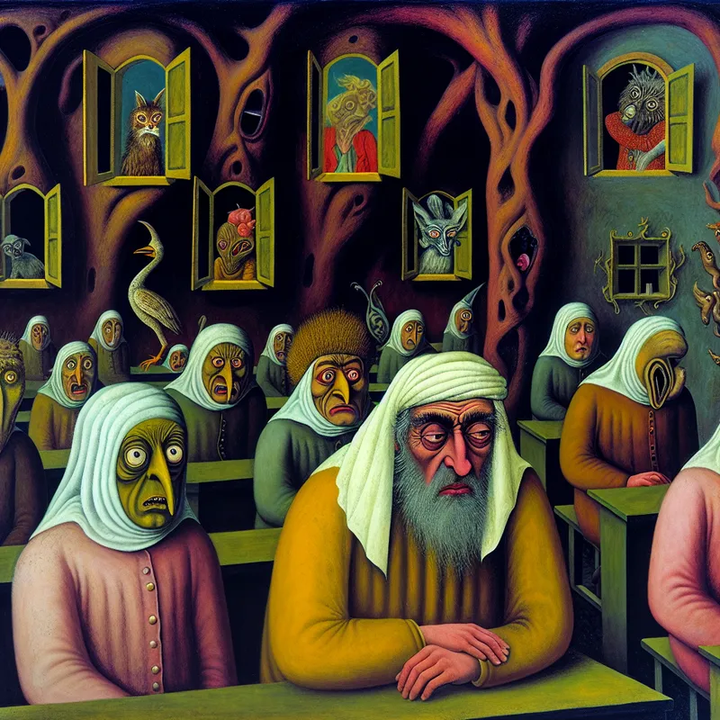 Surrealistisch klaslokaal met een leraar die chattende studenten met dierenmaskers en vreemde gezichten tolereert.